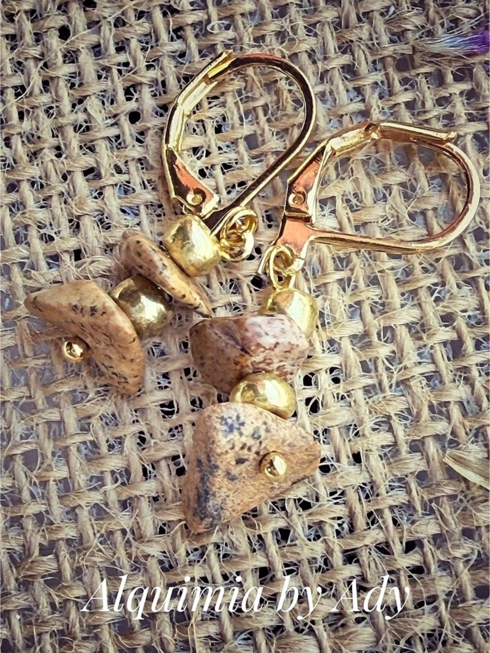 Natural Stone Drop Earrings in Brown & Gold | New | picture jasper